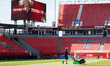 A groundsman cuts the grass at Toronto's stadium a week before the start of the FIFA World...