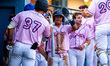Joek Rivera of the Trenton Thunder celebrates during an MLB Draft League baseball game at...