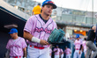 Austin Lemon of the Trenton Thunder enters the field during an MLB Draft League baseball g...