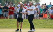 DUBLIN, OH - JUNE 07:  Shane Lowry of County Offaly, Ireland talks with his caddie on the...