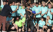 Kimi Antonelli of Italy and the Mercedes-AMG Petronas F1 Team celebrates with the team aft...