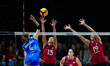 Brie Fransen #13 and Emily Maglio #19 of Canada compete during the 2026 Women's Volleyball...