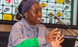 Antionette Oyedupe Payne, player of the Super Falcons, speaks during a post-match intervie...