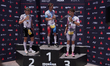 Simon Westermann of Switzerland (second from left), Joran Driesen of Belgium (center), and...