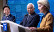 (L-R) South Korean President Lee Jae Myung, European Council President Antonio Costa, and...