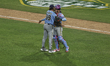 Chad Patrick #39 of the Milwaukee Brewers celebrates with William Contreras #24 after earn...