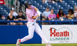 Jake Koonin of the Trenton Thunder swings the bat during an MLB Draft League baseball game...