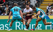 Connor Wrench runs at the Hull defense during the BetFred Super League match between Hull...