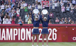 Olivia Nicholls of Great Britain and Tereza Mihalikova of Slovakia during the medals cerem...
