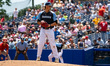 Holden Hering of the Trenton Thunder pitches during an MLB Draft League baseball game at T...