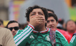 A fan of the Mexico national team reacts while watching the FIFA World Cup first-round mat...