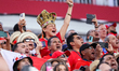 Panama fans pose while singing their national anthem during the FIFA World Cup 2026 group...