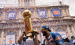 New York Knicks center Karl Anthony Towns attends the 2026 NBA Championship parade and cel...
