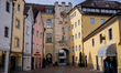 A view shows the medieval Stadtturm (City Tower) of Brunico (Bruneck) with colorful histor...