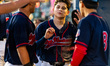 Jose Almeida of Team Mexico celebrates during an MLB Draft League baseball game at Trenton...