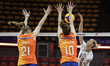 Britte Stuut and Sarah van Aalen of the Netherlands compete against Valeriia Nudha of Ukra...