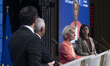 (L-R) Cypriot President Nikos Christodoulides, European Council President Antonio Costa, a...