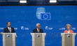 (L-R) Cypriot President Nikos Christodoulides, European Council President Antonio Costa, a...