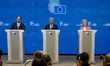 (L-R) Cypriot President Nikos Christodoulides, European Council President Antonio Costa, a...
