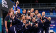 Team Italy poses with their silver medals after the Team Free Final Victory Ceremony at th...