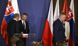 Peter Magyar, the Prime Minister of Hungary (C), and Robert Fico, the Prime Minister of th...