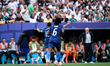 Kylian Mbappe of France celebrates after scoring the first goal during the FIFA World Cup...
