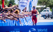 Alexander Bozhilov of Bulgaria celebrates his gold medal at the finish line during the Eli...