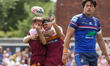 Cole Geyer celebrates his try during the BetFred Super League match between Wakefield Trin...