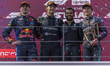 Max Verstappen of the Netherlands and Oracle Red Bull Racing F1 Team driver, George Russel...