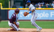 Vidal Brujan of the Syracuse Mets fields the ball during a Minor League Baseball game at C...