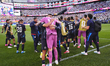 Orlando Gill of Paraguay celebrates the victory with teammates during the FIFA World Cup 2...