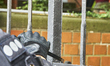 Police close a door where a protester entered earlier during a demonstration against the f...
