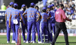 Prince Yadav of India is congratulated for taking a wicket during the third Vitality IT20...