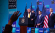 Donald Trump, President of United States, attends the press conference during the 2026 NAT...