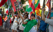 Iranian residents hold a demonstration outside the Iranian embassy in Madrid, Spain, on Ju...