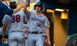 Maddox Mihalakis of the Mahoning Valley Scrappers celebrates during an MLB Draft League ba...