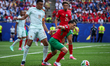 Kylian Mbappe of France battles for possession with Brahim Diaz of Morocco during the FIFA...