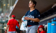 Adam Seminaris of the Reading Fightin' Phils reacts during a Minor League Baseball game at...