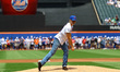 Actor Chris Pine throws out the ceremonial first pitch to Mets Hall of Famer Mookie Wilson...