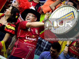 Spain's fan celebrates Xabi Alonso's goal, in the penalty kick, to score 1-0 Spain over Netherlands in Salvador, for the #3 match of the 201...