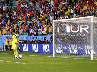 Spain's Iker Casillas, #1', griefes the goal suffered, making 1-1 at the #3 2014 World Cup match between Spain and Netherlands, in Salvador,...