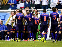Ntherlands celebrates #10 Sneijder's goal against Spain, making 1-1 at the #3 2014 World Cup match between Spain and Netherlands, in Salvado...