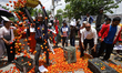 Nepal farmers dump tomatoes in the street of Kathmandu, Nepal, on July 15, 2026. The farme...