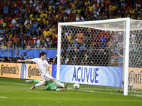 Spain's #21 David Silva scores a non-valid goal, at the #3 2014 World Cup match between Spain and Netherlands, in Salvador, Brasil, this fri...