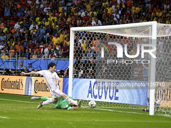 Spain's #21 David Silva scores a non-valid goal, at the #3 2014 World Cup match between Spain and Netherlands, in Salvador, Brasil, this fri...