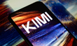 The Kimi AI logo is displayed on a smartphone screen with a colorful promotional visual of...