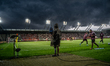 Heavy rain falls during the jubilee friendly match between Cracovia and Sevilla FC at Joze...