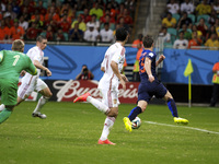 Spain's Fernando Torres tries to score what would be Spain's second goal; but Netherlands' Joel Veltman defended it, at the #3 2014 World Cu...