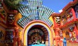 A Durga puja pandal decorated with colourful traditional masks and other 'Hindu' symbols u...