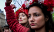 Demonstrators during a protest  for equal pay between men and women, in Paris, France, on...